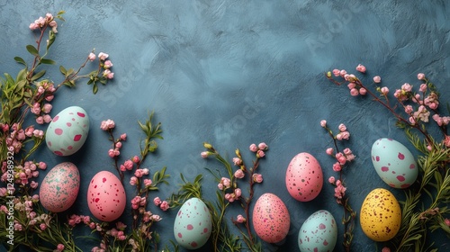 Colorful decorated Easter eggs surrounded by blossoms on a vibrant blue backg...