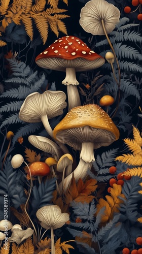 Colorful mushrooms in a dark forest setting with ferns and autumn leaves