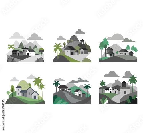 village house illustration on hillside, vector illustration