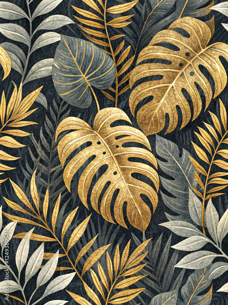 Luxury tropical seamless pattern with golden monstera leaves and gray palm fronds on a dark textured background, elegant botanical design Luxury tropical seamless pattern with golden monstera leaves and gray palm fronds on a dark textured background, elegant botanical design