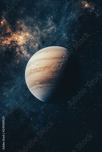 Jupiter illuminated with bands of clouds, the Great Red Spot, and a starry background