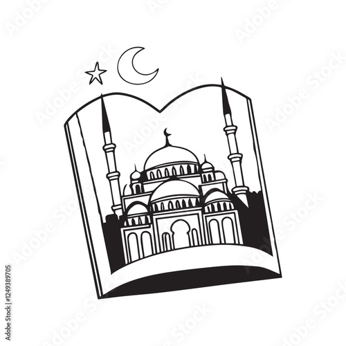Silhouette sketch of Mosque with Domes, Minarets, Archways, and 'Happy Eid' Calligraphy Design