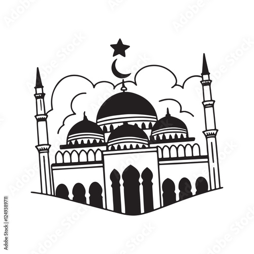Silhouette sketch of Mosque with Domes, Minarets, Archways, and 'Happy Eid' Calligraphy Design