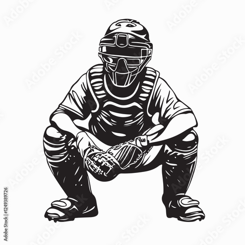 Baseball Catcher Vector Images. Black and white Baseball catcher Vector Images on white background.