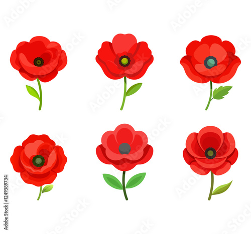 Watercolor floral set with red poppy flowers