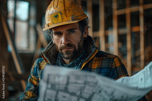 A construction worker examines blueprints on a job site with focus and diligence. photo