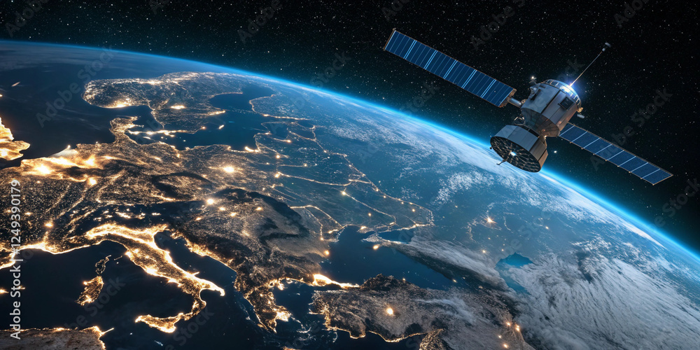 Fototapeta premium Satellite Orbiting Earth with Data Transmission Beams