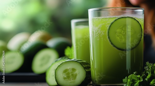 Refreshing cucumber juice served in glasses with sliced cucumbers on a sunny day