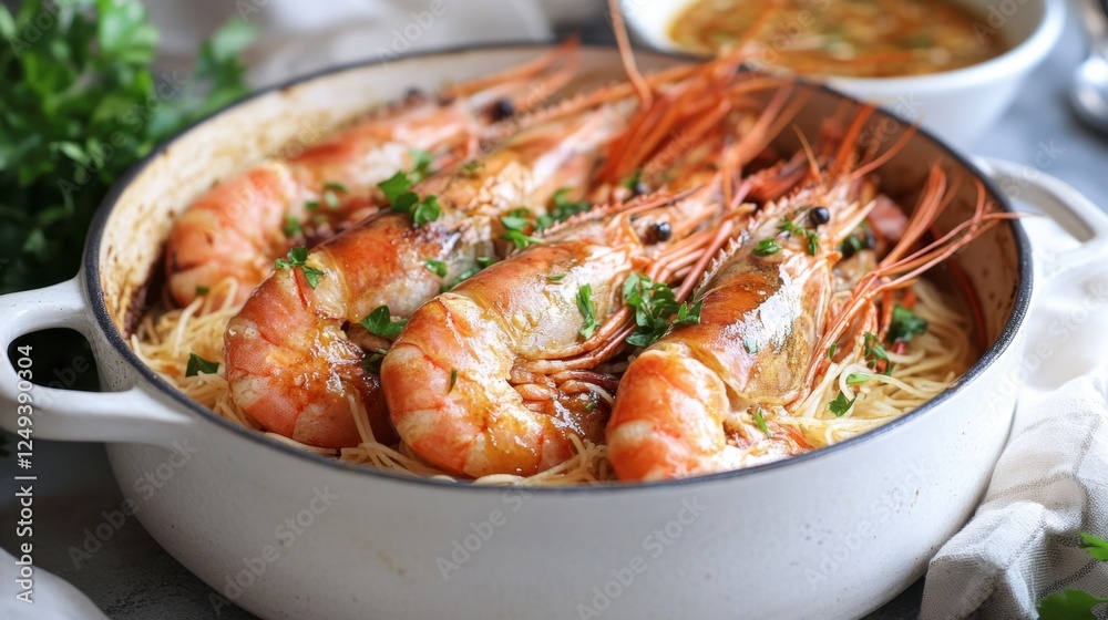 Fresh Cooked Shrimp with Noodles and Garnish in Elegant Pot Fresh Cooked Shrimp with Noodles and Garnish in Elegant Pot