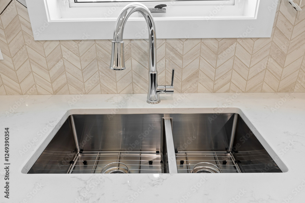 A stainless steel sink with a silver faucet sits on a white countertop A stainless steel sink with a silver faucet sits on a white countertop