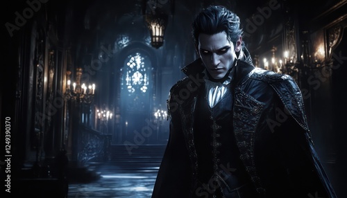 Handsome vampire stands ominously in a gothic castle hallway