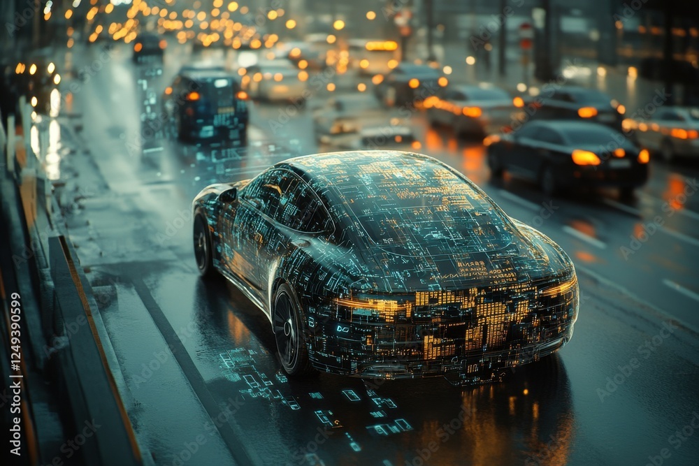 Obraz premium Futuristic car on city road with illuminated AI technology designs at night