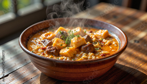 Steaming fasolada served in rustic bowl on wooden table, culinary delight