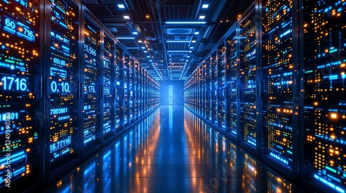 Futuristic Data Center with High-Tech Supercomputers & AI Processing