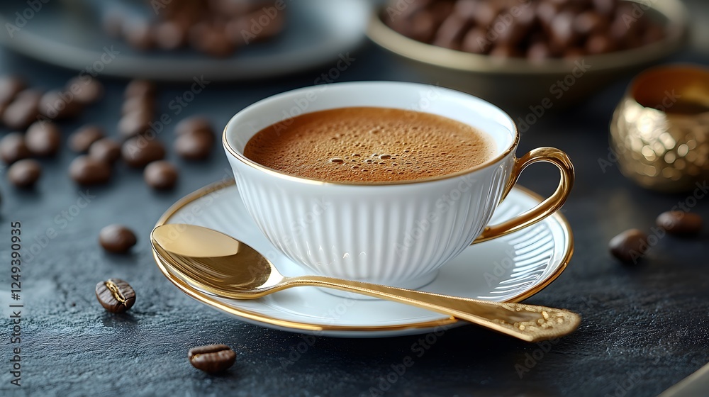 Espresso in elegant gold rimmed cup coffee beans saucer spoon Espresso in elegant gold rimmed cup coffee beans saucer spoon
