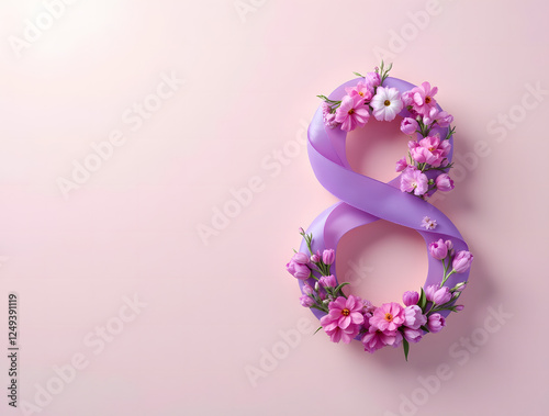 Stylish Number 8 Adorned with a Violet Ribbon and Elegant Tulips on a Soft Background for International Women's Day Festivities photo