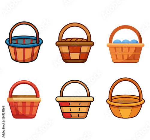 Cartoon wicker baskets. Picnic panniers different types, shapes, empty containers made of twigs, wooden decorative handicrafts, vector se