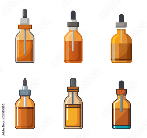 Dropper bottles set for cosmetics or medicine needs. Realistic transparent vector illustration. Isolated