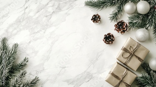 Christmas presents wrapped in colorful paper on a marble background ready for the holiday season
