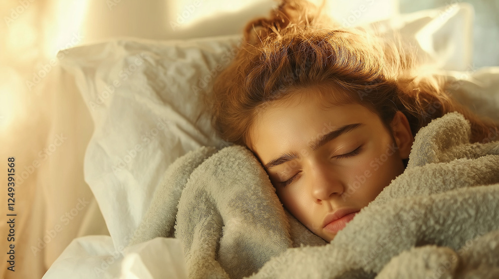 Young woman with feverish expression lying in bed against warm-lit bedroom backdrop Young woman with feverish expression lying in bed against warm-lit bedroom backdrop