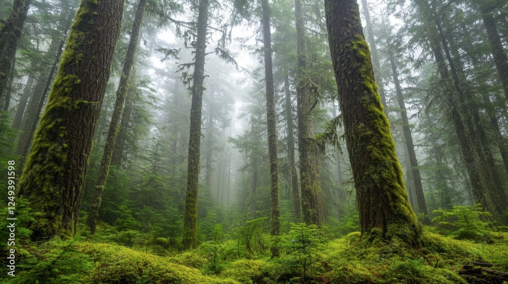 Obraz premium Misty Forest with Tall Trees and Lush Green Mossy Ground