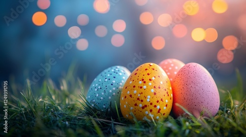 Colorful decorated eggs nestled in grass with a soft bokeh background during ...