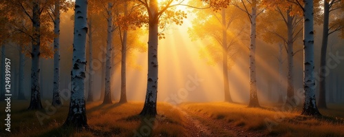 Aspens glowing with warm golden light in the morning fog, misty forest, natural wonder, aspen grove photo