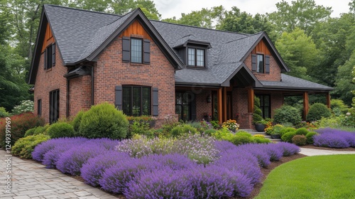Beautiful brick house surrounded by vibrant lavender garden and lush greenery...