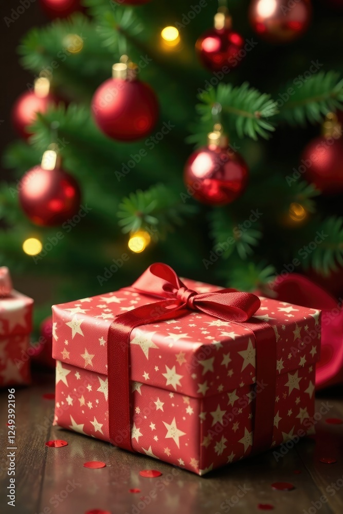 A wrapped present with a Christmas tree in the background, , ornaments A wrapped present with a Christmas tree in the background, , ornaments