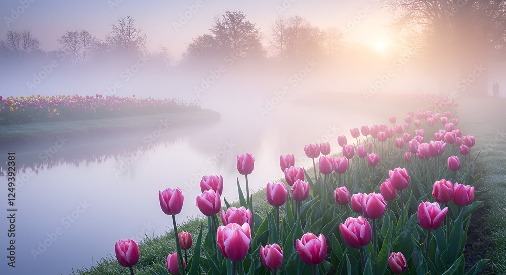 Obraz premium Delicate Pink and Purple Tulips Growing Alongside a Calm River with Mist in the Air