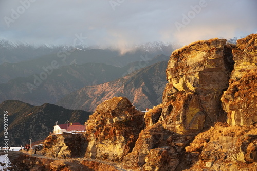 drone image of tungnath temple with sunshine photo