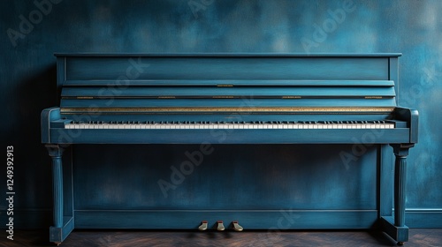 Elegant blue piano against textured wall creates a tranquil atmosphere in a m...