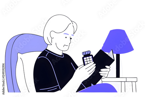 elderly man takes medicine and reads dosage instructions for pills prescribed by doctor. gray-haired elderly human is studying instructions to learn about contraindications and side effects of pills. photo