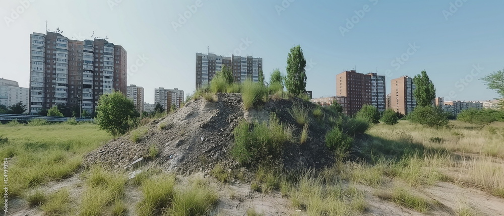 Fototapeta premium A waste heap covered with green vegetation overgro_005