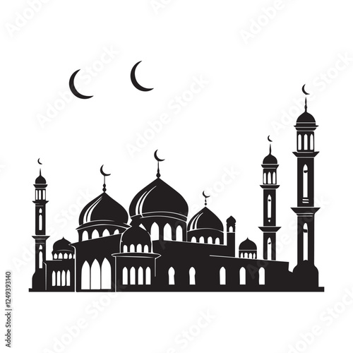Silhouette sketch of Mosque with Domes, Minarets, Archways, and 'Happy Eid' Calligraphy Design