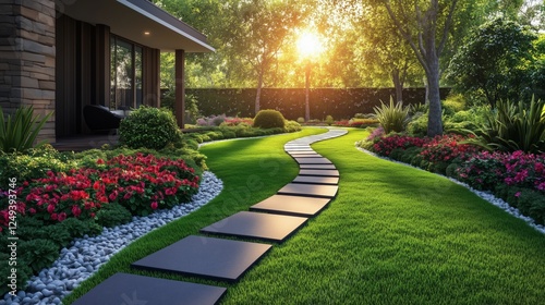 Beautiful garden path meandering through lush greenery at sunset near a cozy ...