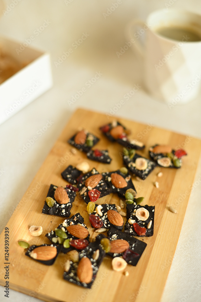 black chocolate bar with nuts and candied fruits black chocolate bar with nuts and candied fruits