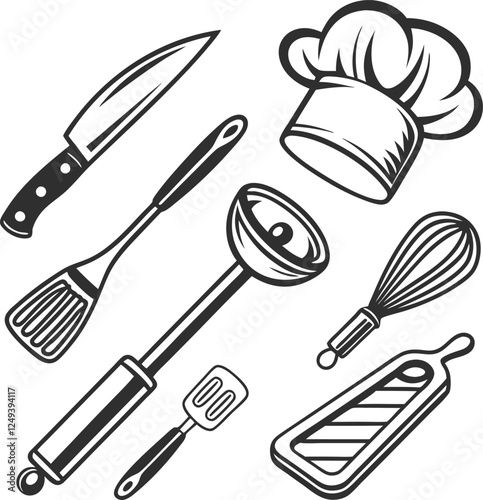 kitchen utensils and cutlery icons set including line art silhouette