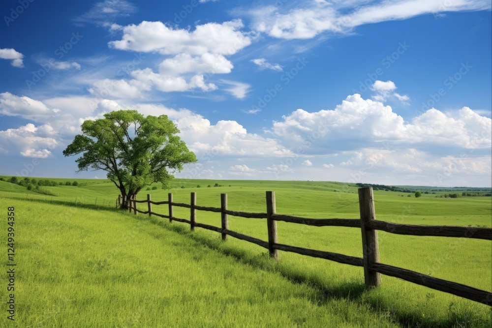 The Rural Landscape: A Beautiful Green Grass Pasture on a Sunny Day, with Trees, Fields, Blue Sky, and a Fence The Rural Landscape: A Beautiful Green Grass Pasture on a Sunny Day, with Trees, Fields, Blue Sky, and a Fence