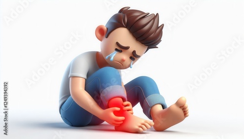Child experiencing knee pain cartoon illustration emotional scene white background close-up view