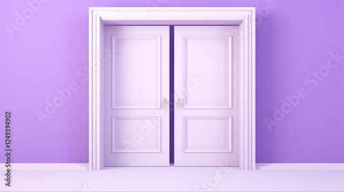 Three-Dimensional Double Entrance Door with Blank White Interior Space. Isolated Architectural Interior Element on Lavender Background