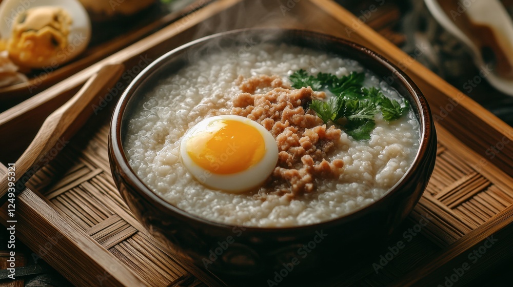 Warm and Comforting Rice Porridge with Soft Boiled Egg and Herbs Warm and Comforting Rice Porridge with Soft Boiled Egg and Herbs