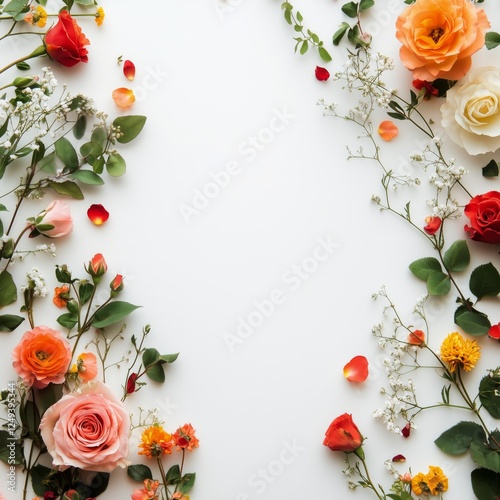 Colorful arrangement of fresh flowers on a white background for crafting and ...