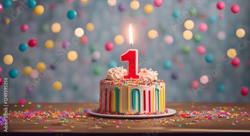 1st birthday celebration cake, with candles in the shape of the number 1