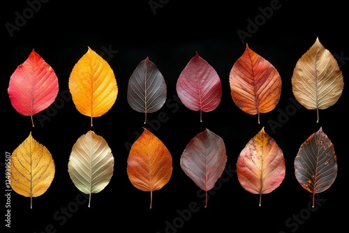 Colorful autumn leaves arranged in a grid on a black background showcasing se...