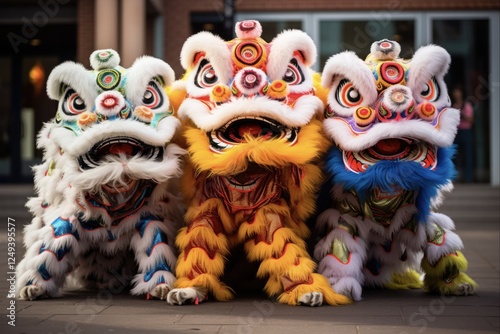 Traditional Chinese Lion Dance Troupe Celebrating Asian Culture in Backlit Performance