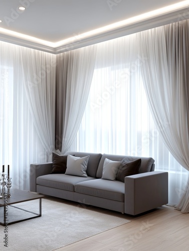 Modern Living Room Interior Design - Elegant grey sofa, sheer white curtains, bright window light, minimalist decor, serene atmosphere.  Symbolizes: Comfort, Cleanliness, Modernity, Tranquility photo