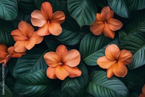 Vibrant orange flowers among lush green leaves in a tropical garden setting