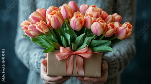 Flowers in a gift box held by a person with a cozy sweater on a cool day in a...