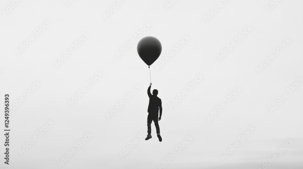 Man floats skyward, holding balloon, misty background; hope concept